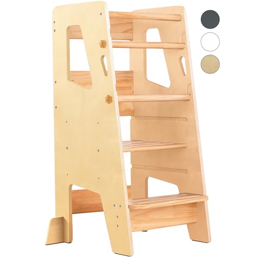 Toddler Standing Tower - Adjustable Height Toddler Kitchen Stool Helper - Ideal Kids Kitchen Step Stool for Learning New Skills - 2024 Design with Safety Feet - Gray