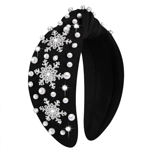 NVENF Jeweled Plaid Headband with Embellished Crystals and Pearls - Knotted Wide Top Knot Hair Accessory for Women, Holiday Outfits & Gifts