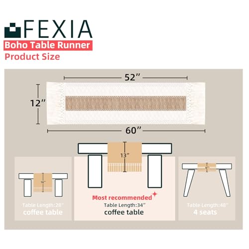 FEXIA Thanksgiving Table Runner for Home Decor with Tassels 72 Inches Long Farmhouse Rustic Boho Table Runner Macrame Burlap Fall Table Decoration for Living Room Bridal Shower(12x72 Inches)