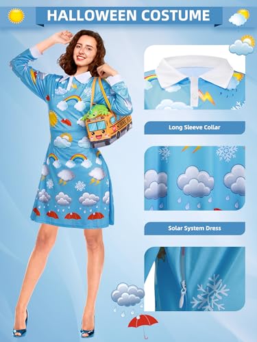 ramede 3 Pcs Women Halloween Teacher Costume Set Vintage Long Sleeve Dress with School Bus Bag for Halloween Role Play Party