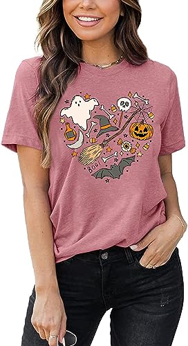 Halloween Doodles Shirt for Women Cute Vintage Graphic Halloween Party Tshirt Short Sleeve Fall Season Tees
