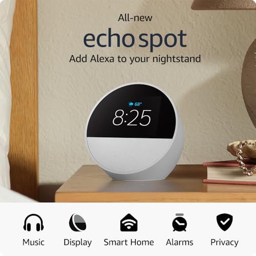 All-new Amazon Echo Spot (2024 release), Smart alarm clock with vibrant sound + Alexa, no visual ads, Black