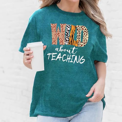 Womens Teacher Shirts Wild About Teaching Leopard Print T-Shirt Teacher Life Tee Top