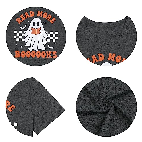 Halloween Teacher Shirts for Women Groovy Read More Books Ghost T-Shirt Short Sleeve Halloween Party Tee Tops
