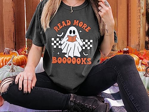 Halloween Teacher Shirts for Women Groovy Read More Books Ghost T-Shirt Short Sleeve Halloween Party Tee Tops