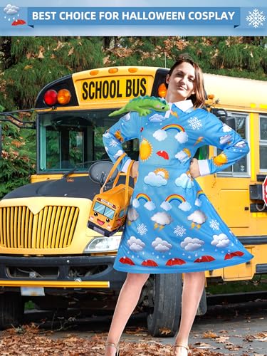 ramede 3 Pcs Women Halloween Teacher Costume Set Vintage Long Sleeve Dress with School Bus Bag for Halloween Role Play Party