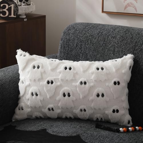 DFXSZ Halloween Pillow Covers 18x18 inch Set of 2 White Ghost Throw Pillow Cases Soft Plush Faux Fur Wool Couch Cushion Case for Chair Sofa Bedroom Living Room Home Decor PTK03A18