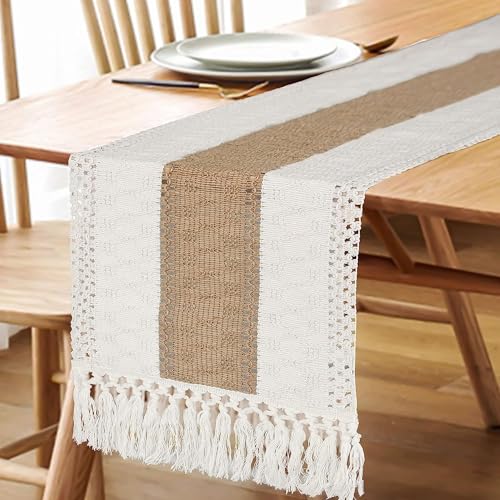 FEXIA Thanksgiving Table Runner for Home Decor with Tassels 72 Inches Long Farmhouse Rustic Boho Table Runner Macrame Burlap Fall Table Decoration for Living Room Bridal Shower(12x72 Inches)