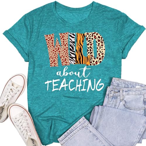 Womens Teacher Shirts Wild About Teaching Leopard Print T-Shirt Teacher Life Tee Top