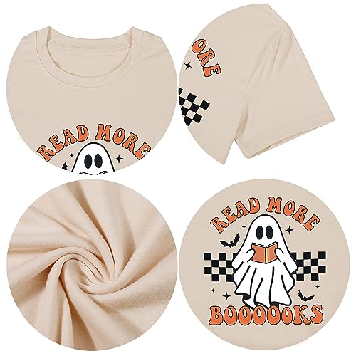 Halloween Teacher Shirts for Women Groovy Read More Books Ghost T-Shirt Short Sleeve Halloween Party Tee Tops