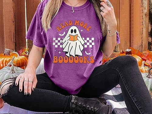 Halloween Teacher Shirts for Women Groovy Read More Books Ghost T-Shirt Short Sleeve Halloween Party Tee Tops