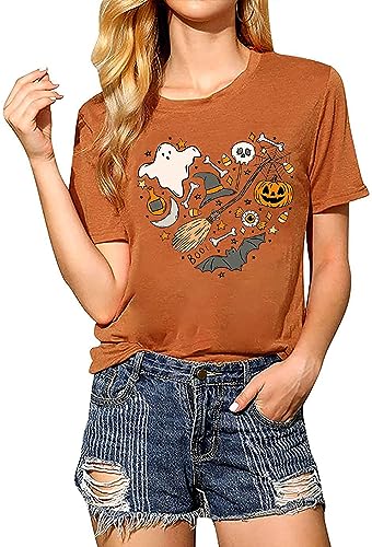 Halloween Doodles Shirt for Women Cute Vintage Graphic Halloween Party Tshirt Short Sleeve Fall Season Tees