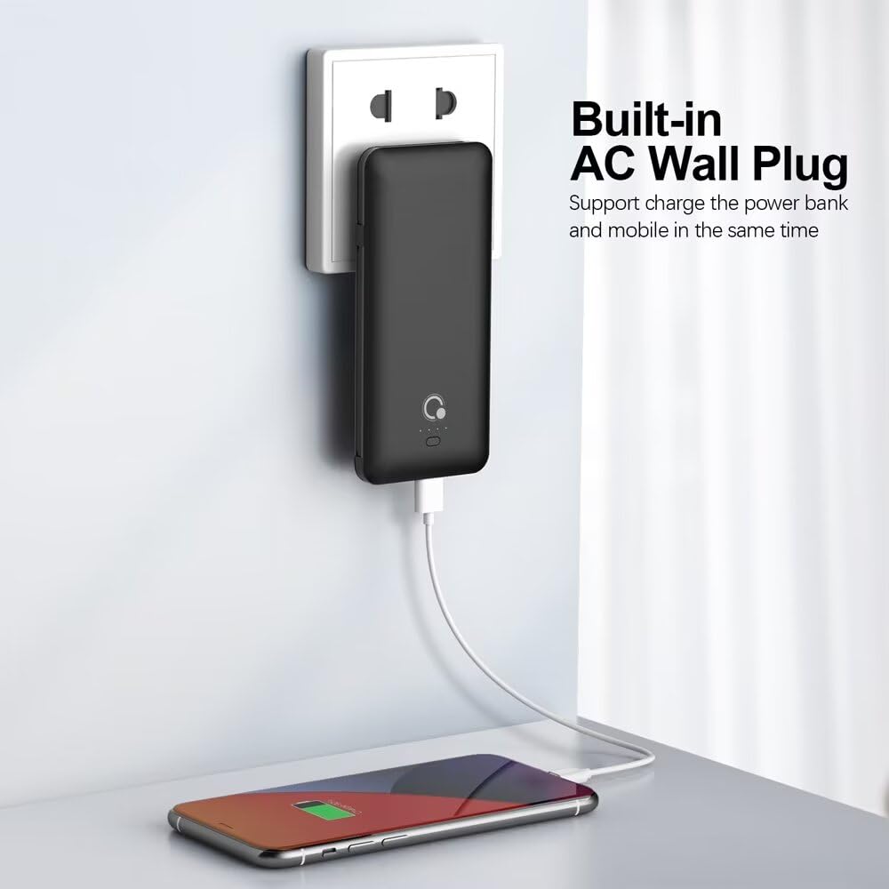 Q 10000mAh Power Bank, Slim Portable Charger,4 Output External Battery Pack with Built-in AC Wall Plug Micro USB C Three Cables Compatible with iPhone Android Phone Smart Watch