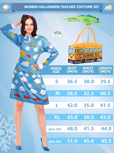 ramede 3 Pcs Women Halloween Teacher Costume Set Vintage Long Sleeve Dress with School Bus Bag for Halloween Role Play Party