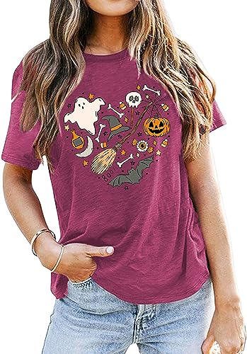 Halloween Doodles Shirt for Women Cute Vintage Graphic Halloween Party Tshirt Short Sleeve Fall Season Tees
