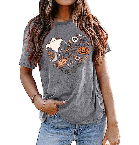 Halloween Doodles Shirt for Women Cute Vintage Graphic Halloween Party Tshirt Short Sleeve Fall Season Tees