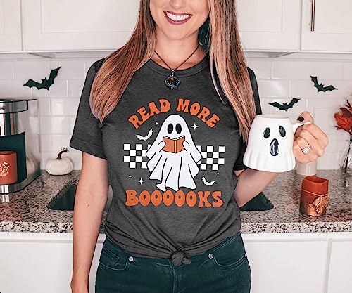 Halloween Teacher Shirts for Women Groovy Read More Books Ghost T-Shirt Short Sleeve Halloween Party Tee Tops