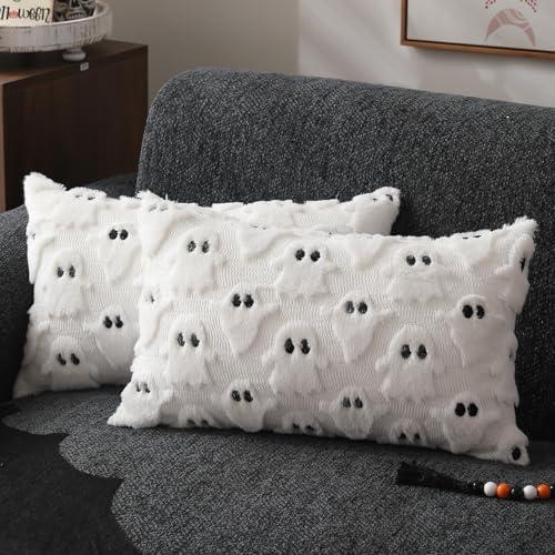 DFXSZ Halloween Pillow Covers 18x18 inch Set of 2 White Ghost Throw Pillow Cases Soft Plush Faux Fur Wool Couch Cushion Case for Chair Sofa Bedroom Living Room Home Decor PTK03A18