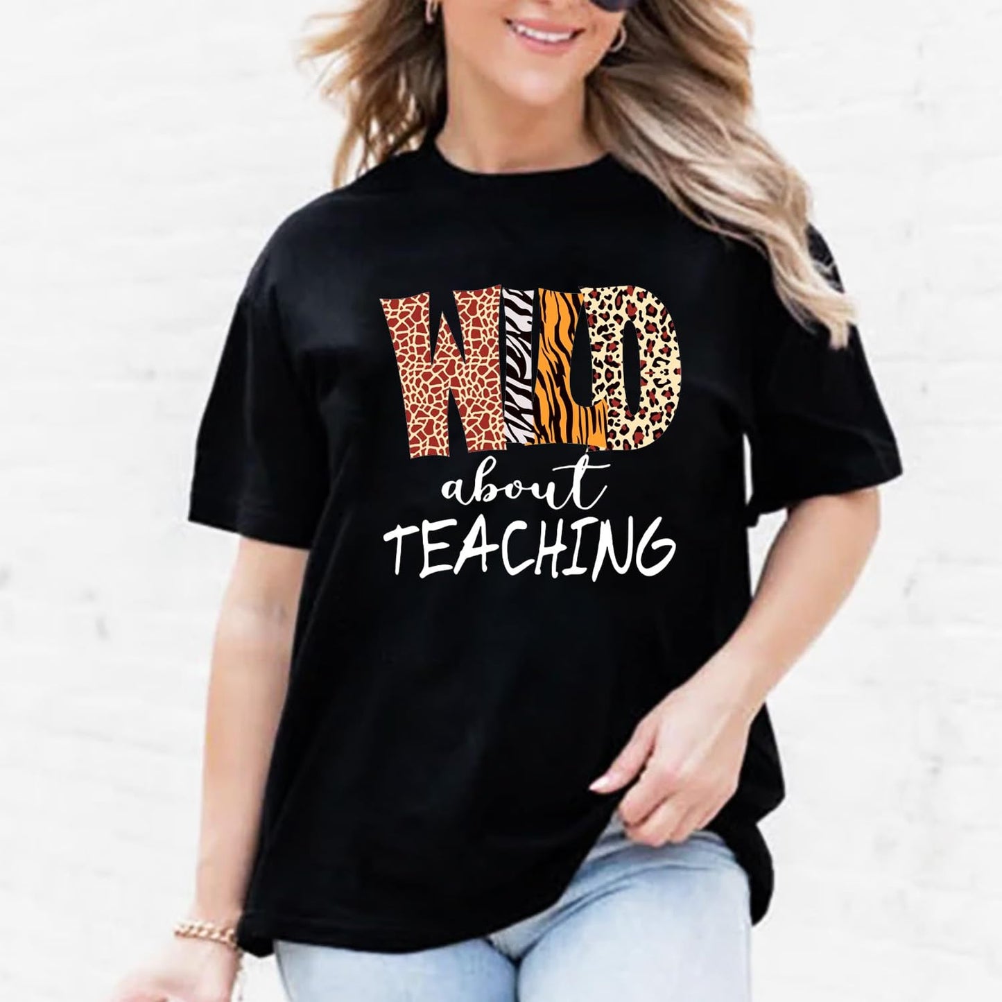 Womens Teacher Shirts Wild About Teaching Leopard Print T-Shirt Teacher Life Tee Top