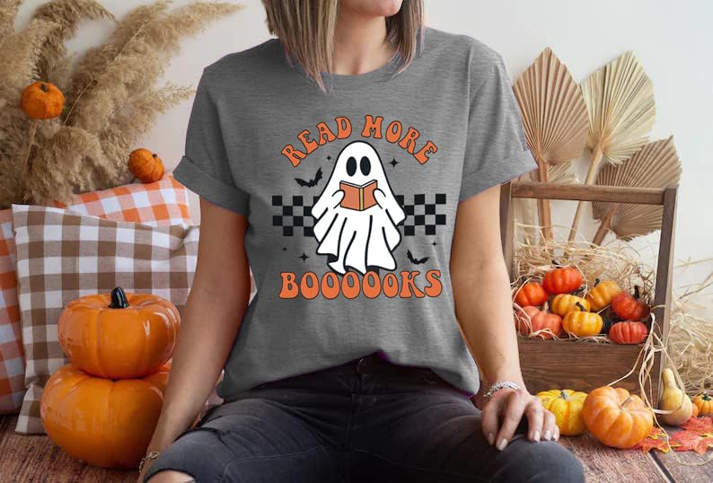 Halloween Teacher Shirts for Women Groovy Read More Books Ghost T-Shirt Short Sleeve Halloween Party Tee Tops