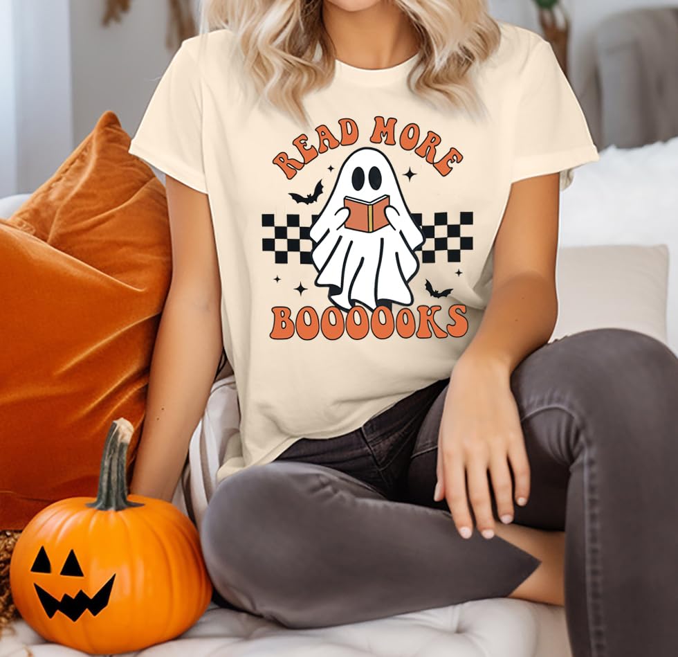 Halloween Teacher Shirts for Women Groovy Read More Books Ghost T-Shirt Short Sleeve Halloween Party Tee Tops