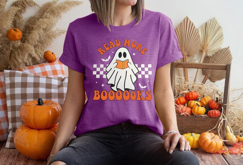 Halloween Teacher Shirts for Women Groovy Read More Books Ghost T-Shirt Short Sleeve Halloween Party Tee Tops