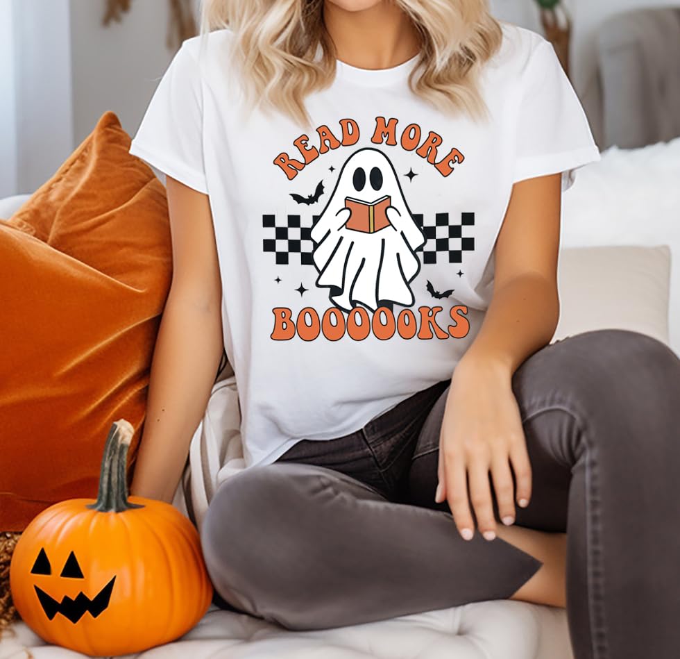 Halloween Teacher Shirts for Women Groovy Read More Books Ghost T-Shirt Short Sleeve Halloween Party Tee Tops