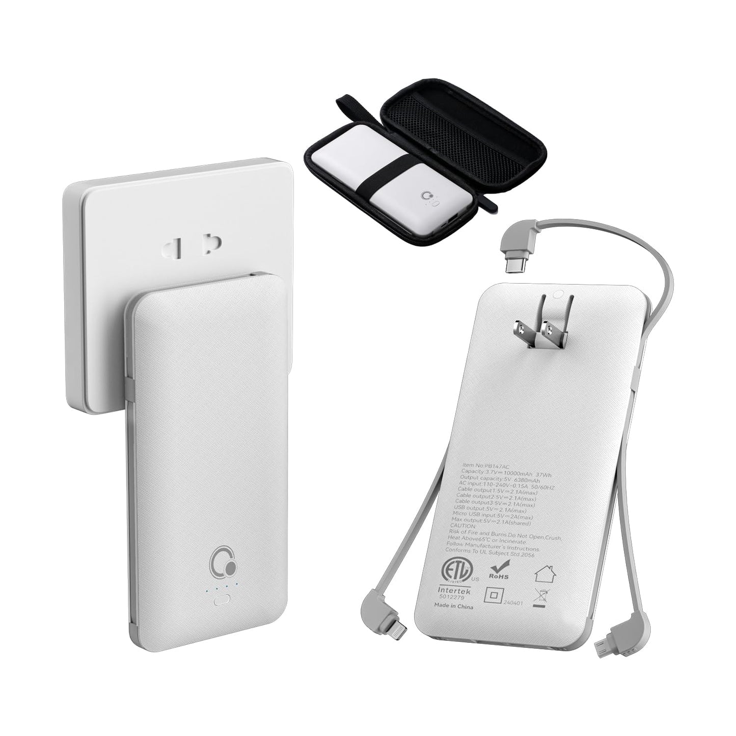 Q 10000mAh Power Bank, Slim Portable Charger,4 Output External Battery Pack with Built-in AC Wall Plug Micro USB C Three Cables Compatible with iPhone Android Phone Smart Watch