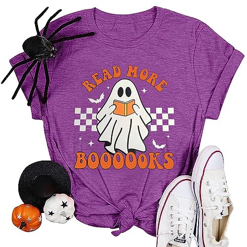 Halloween Teacher Shirts for Women Groovy Read More Books Ghost T-Shirt Short Sleeve Halloween Party Tee Tops