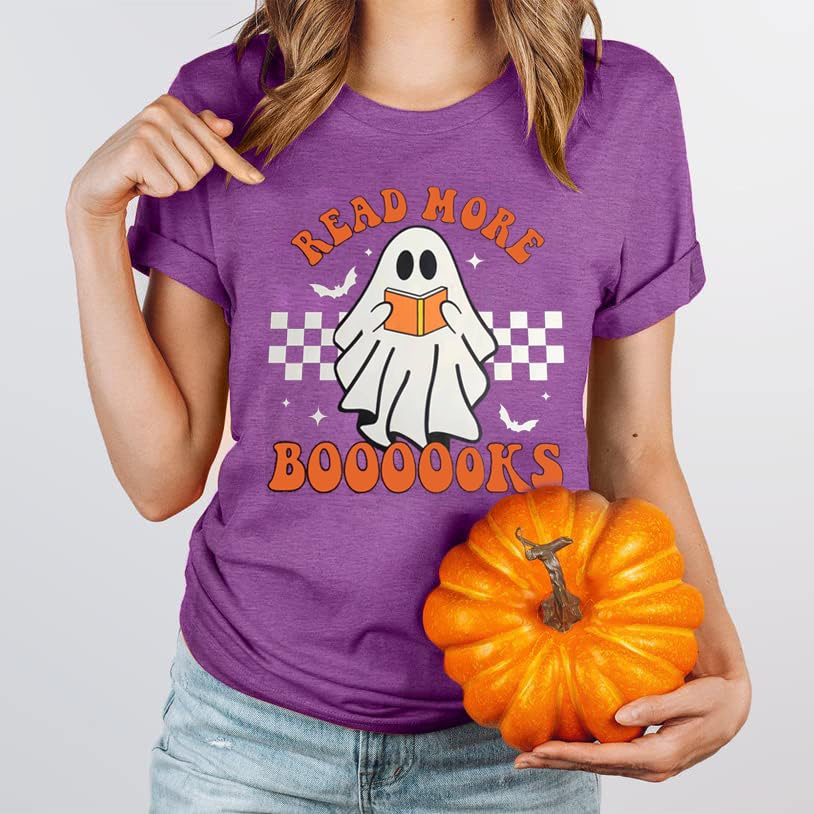 Halloween Teacher Shirts for Women Groovy Read More Books Ghost T-Shirt Short Sleeve Halloween Party Tee Tops