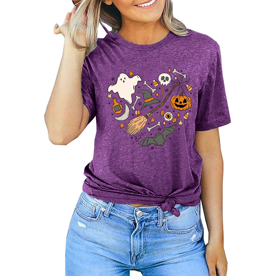Halloween Doodles Shirt for Women Cute Vintage Graphic Halloween Party Tshirt Short Sleeve Fall Season Tees