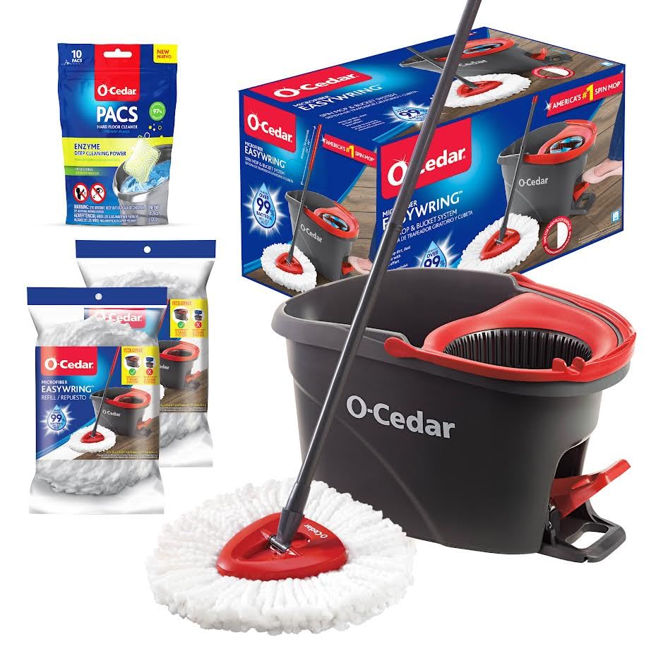 O-Cedar EasyWring Microfiber Spin Mop & Bucket Floor Cleaning System + 2 Extra Refills, Red/Gray