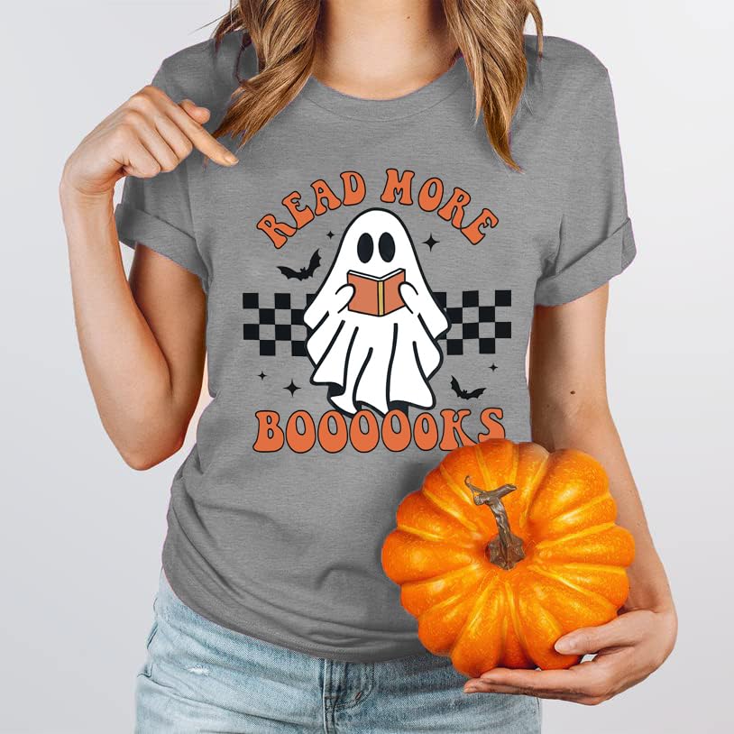 Halloween Teacher Shirts for Women Groovy Read More Books Ghost T-Shirt Short Sleeve Halloween Party Tee Tops