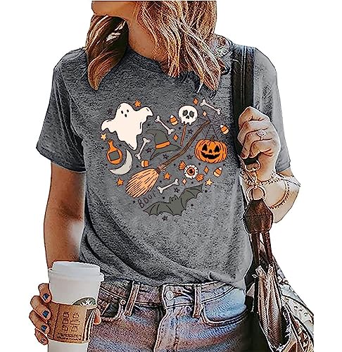 Halloween Doodles Shirt for Women Cute Vintage Graphic Halloween Party Tshirt Short Sleeve Fall Season Tees