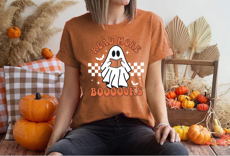 Halloween Teacher Shirts for Women Groovy Read More Books Ghost T-Shirt Short Sleeve Halloween Party Tee Tops