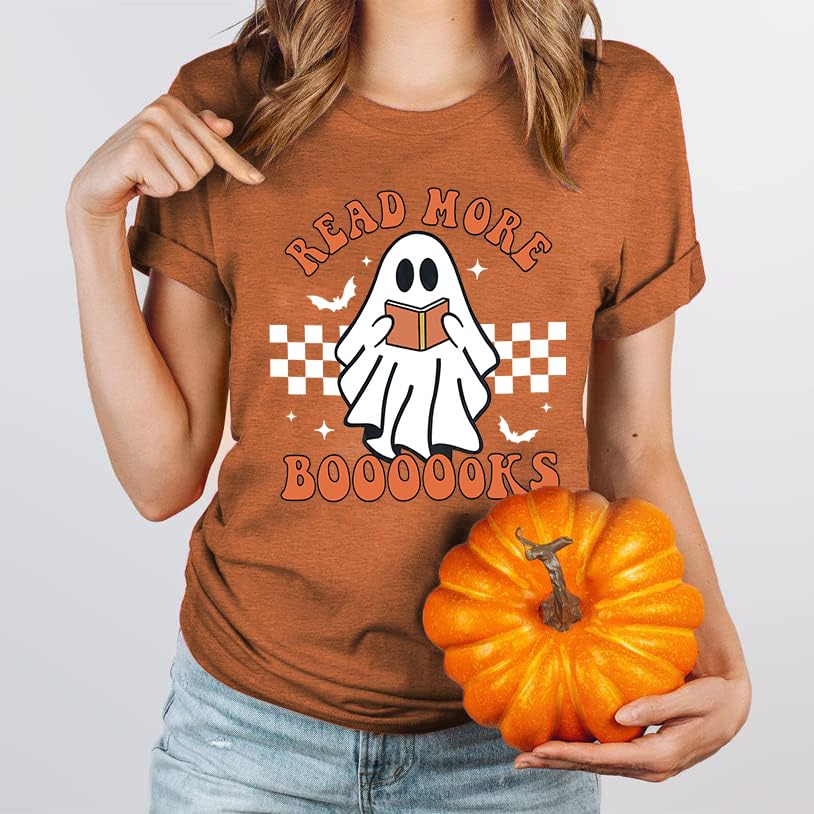 Halloween Teacher Shirts for Women Groovy Read More Books Ghost T-Shirt Short Sleeve Halloween Party Tee Tops