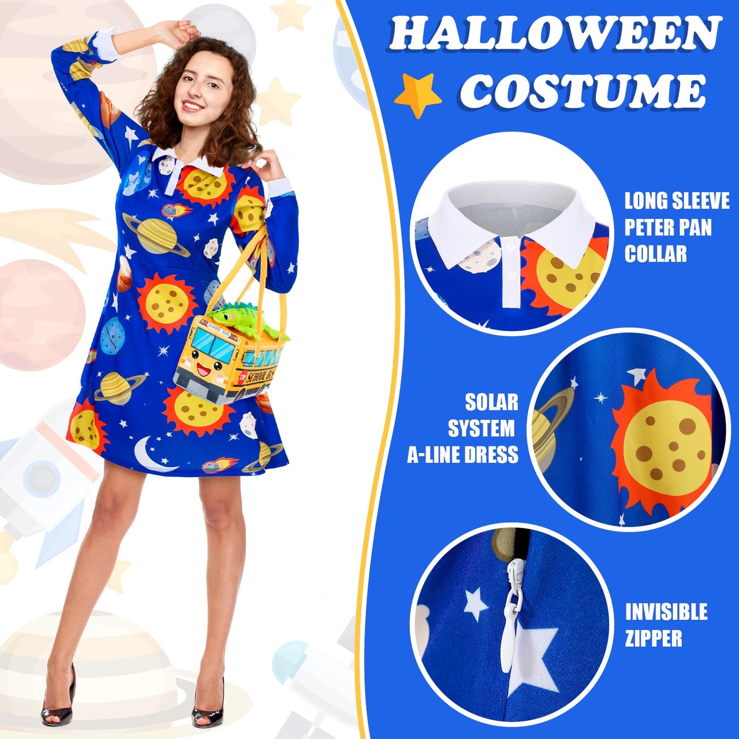 ramede 3 Pcs Women Halloween Teacher Costume Set Vintage Long Sleeve Dress with School Bus Bag for Halloween Role Play Party