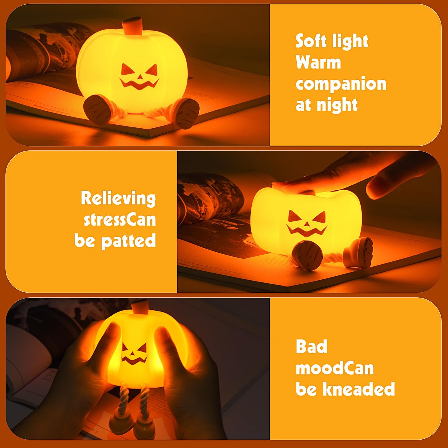 Pumpkin Night Light, Cute LED Lamp, Silicone Dimmable Nursery Nightlight for Kids, Silicone Rechargeable Bedside Touch Lamp, Funny Office Desk and Halloween Decor for Woman and Kids