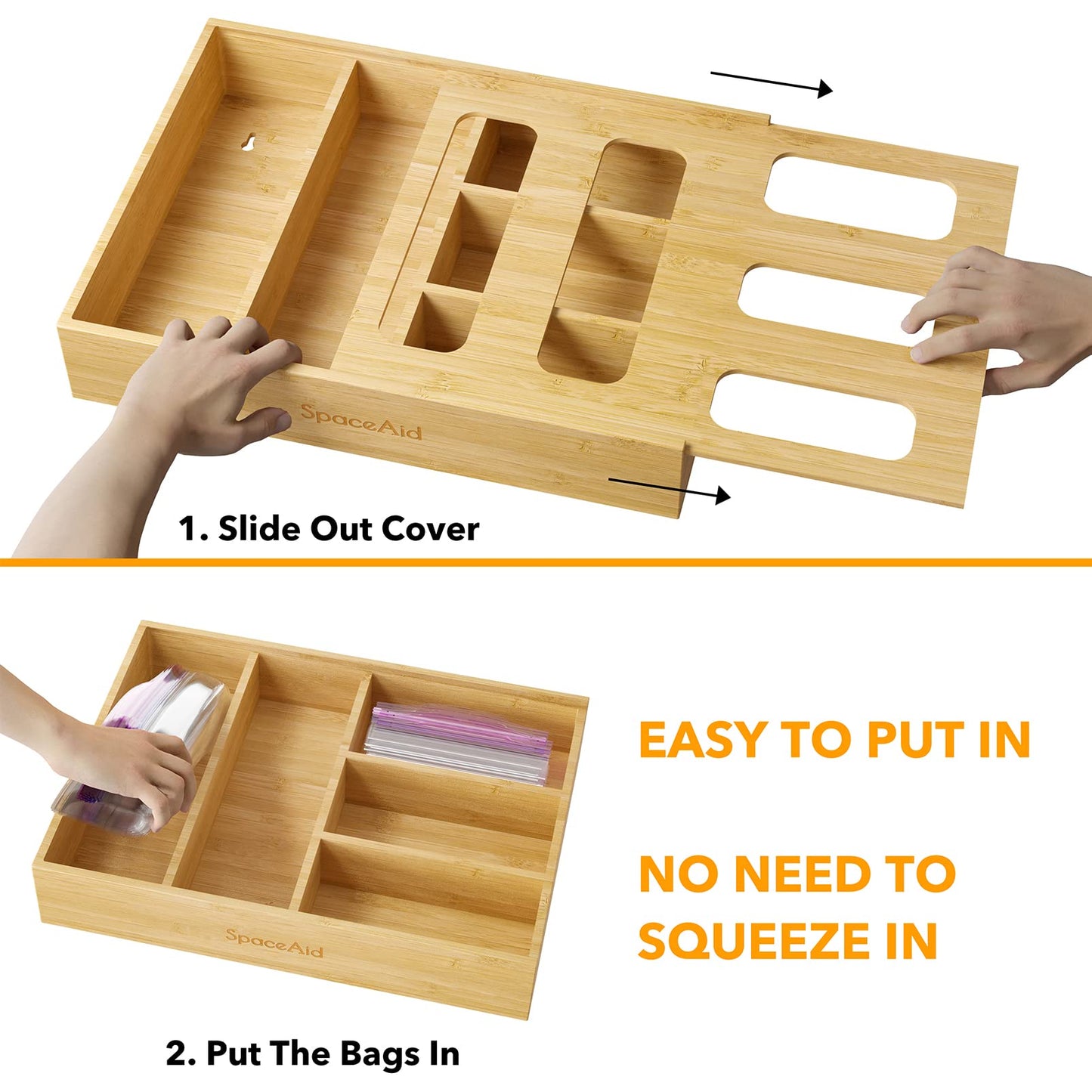 SpaceAid Bag Storage Organizer for Kitchen Drawer, Bamboo Organizer, Compatible with Gallon, Quart, Sandwich and Snack Variety Size Bag (1 Box 4 Slots)