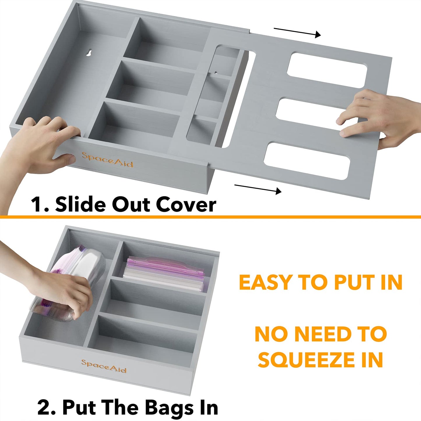 SpaceAid Bag Storage Organizer for Kitchen Drawer, Bamboo Organizer, Compatible with Gallon, Quart, Sandwich and Snack Variety Size Bag (1 Box 4 Slots)