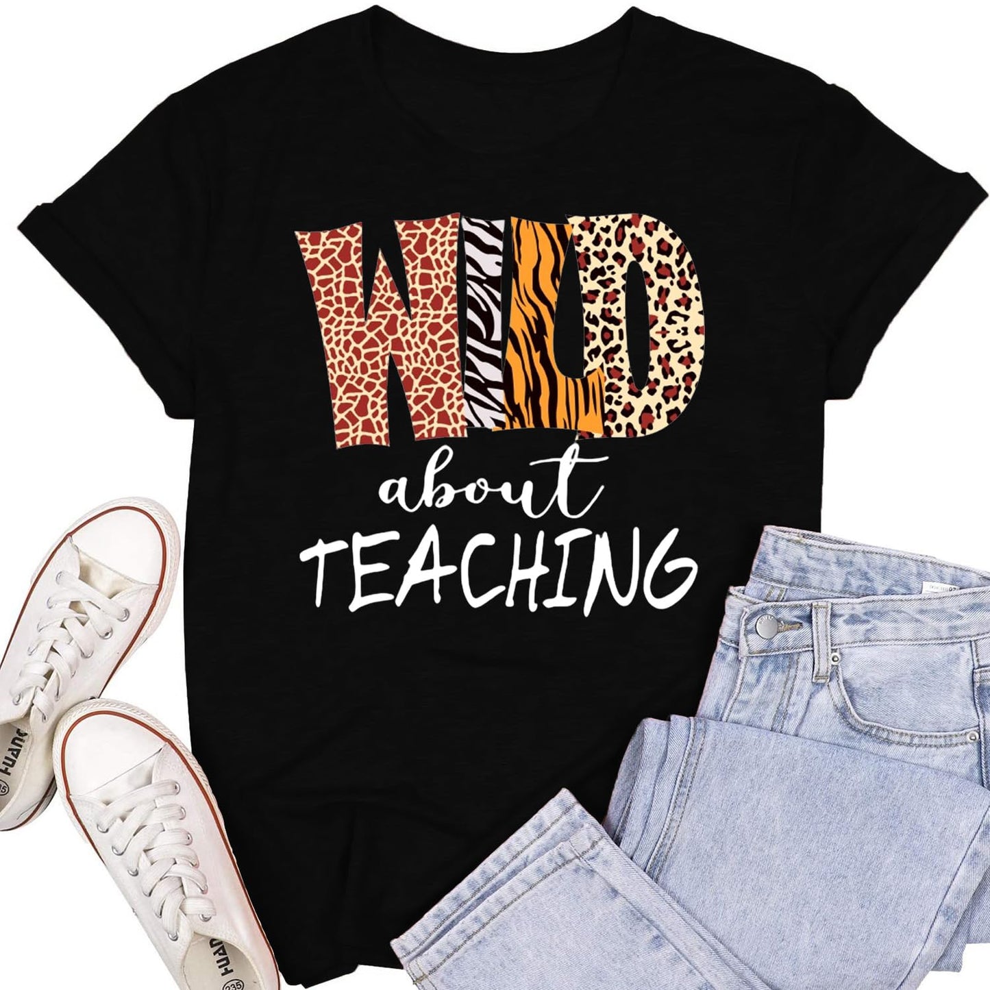 Womens Teacher Shirts Wild About Teaching Leopard Print T-Shirt Teacher Life Tee Top