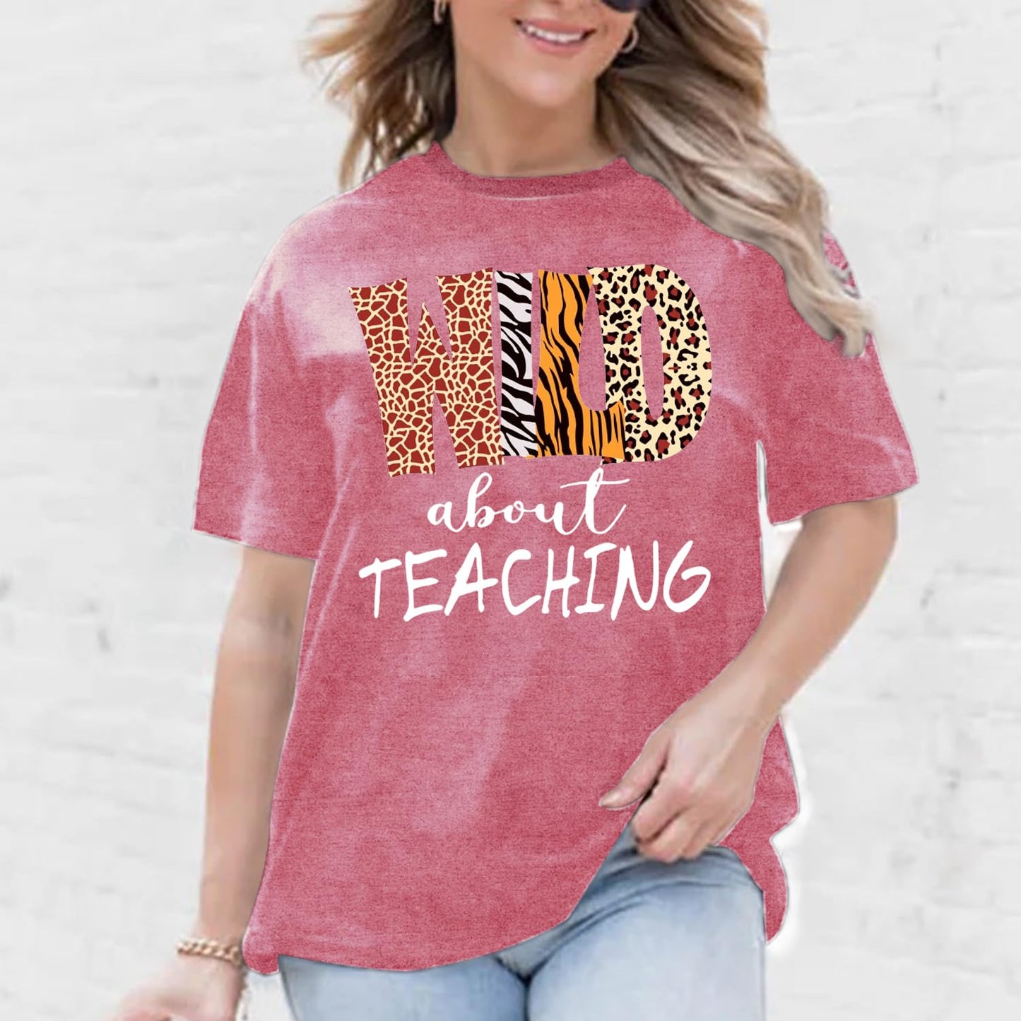 Womens Teacher Shirts Wild About Teaching Leopard Print T-Shirt Teacher Life Tee Top