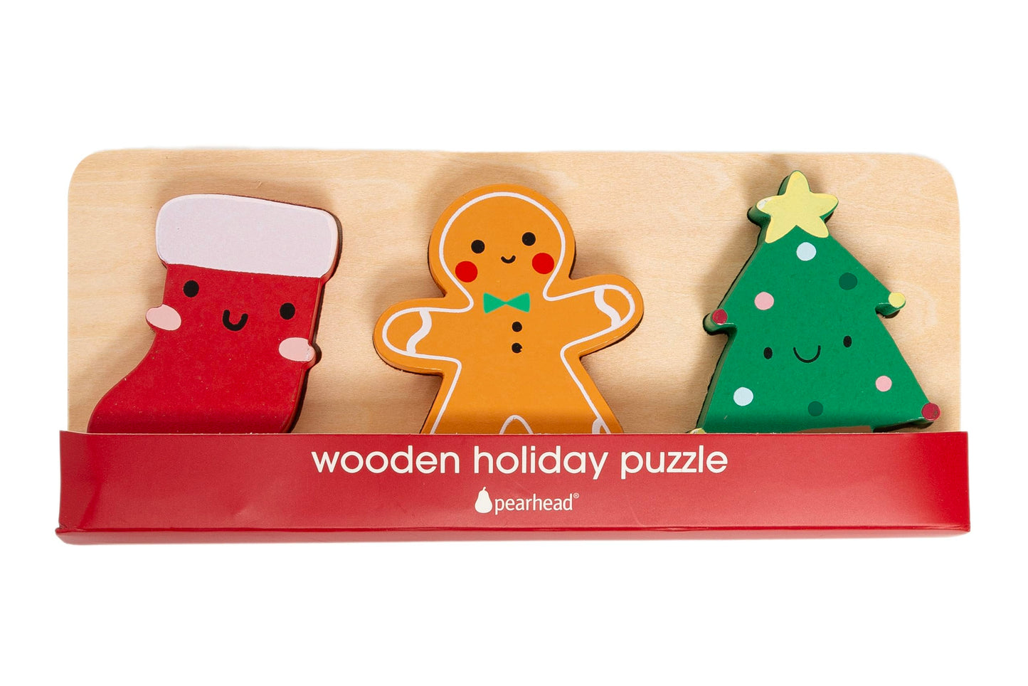 Pearhead 3 Piece Wooden Holiday Puzzle, Kids Christmas Puzzle, Holiday Puzzle Stocking Stuffer, Christmas Toys for Children, Holiday Toy Ideas, 3 Piece Set
