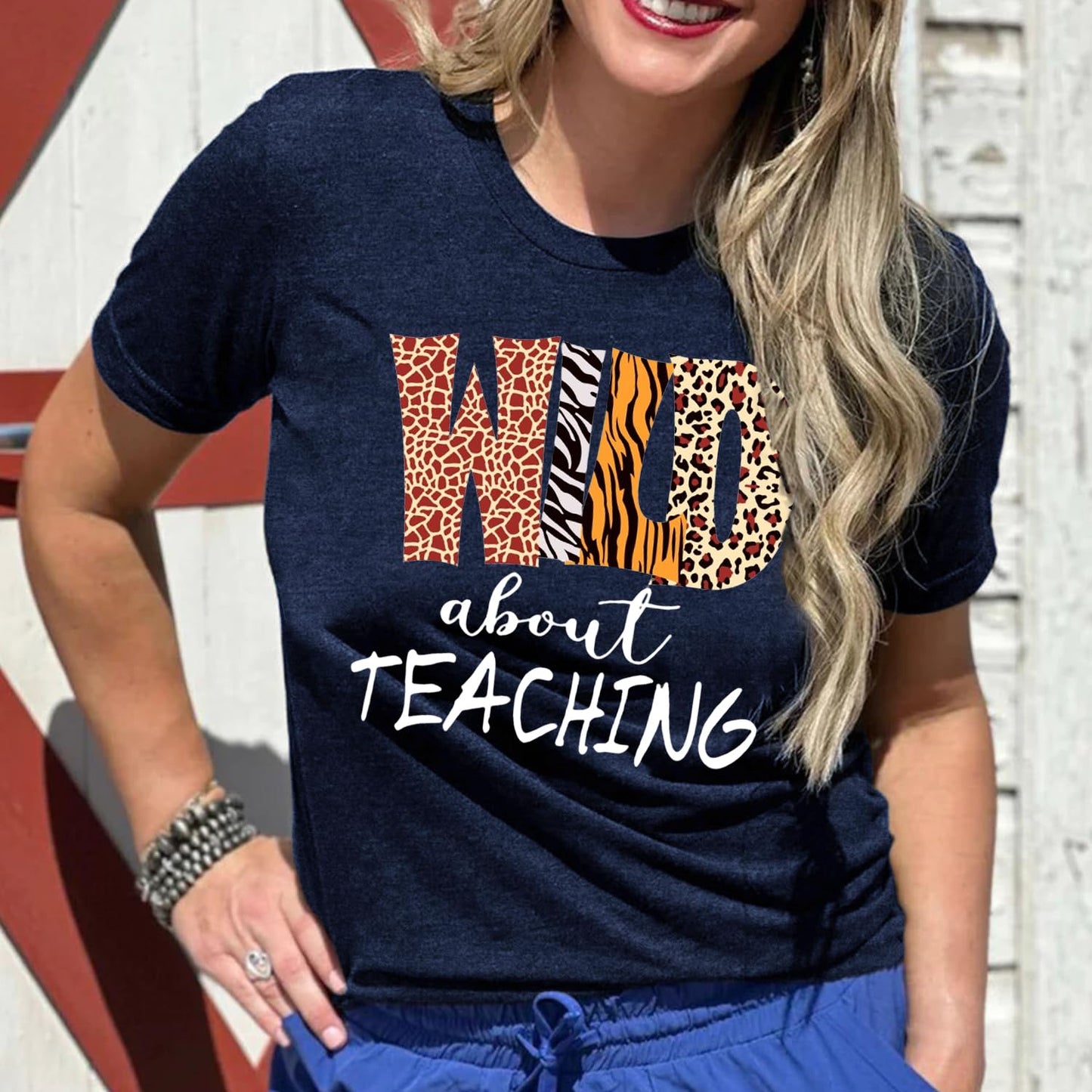 Womens Teacher Shirts Wild About Teaching Leopard Print T-Shirt Teacher Life Tee Top