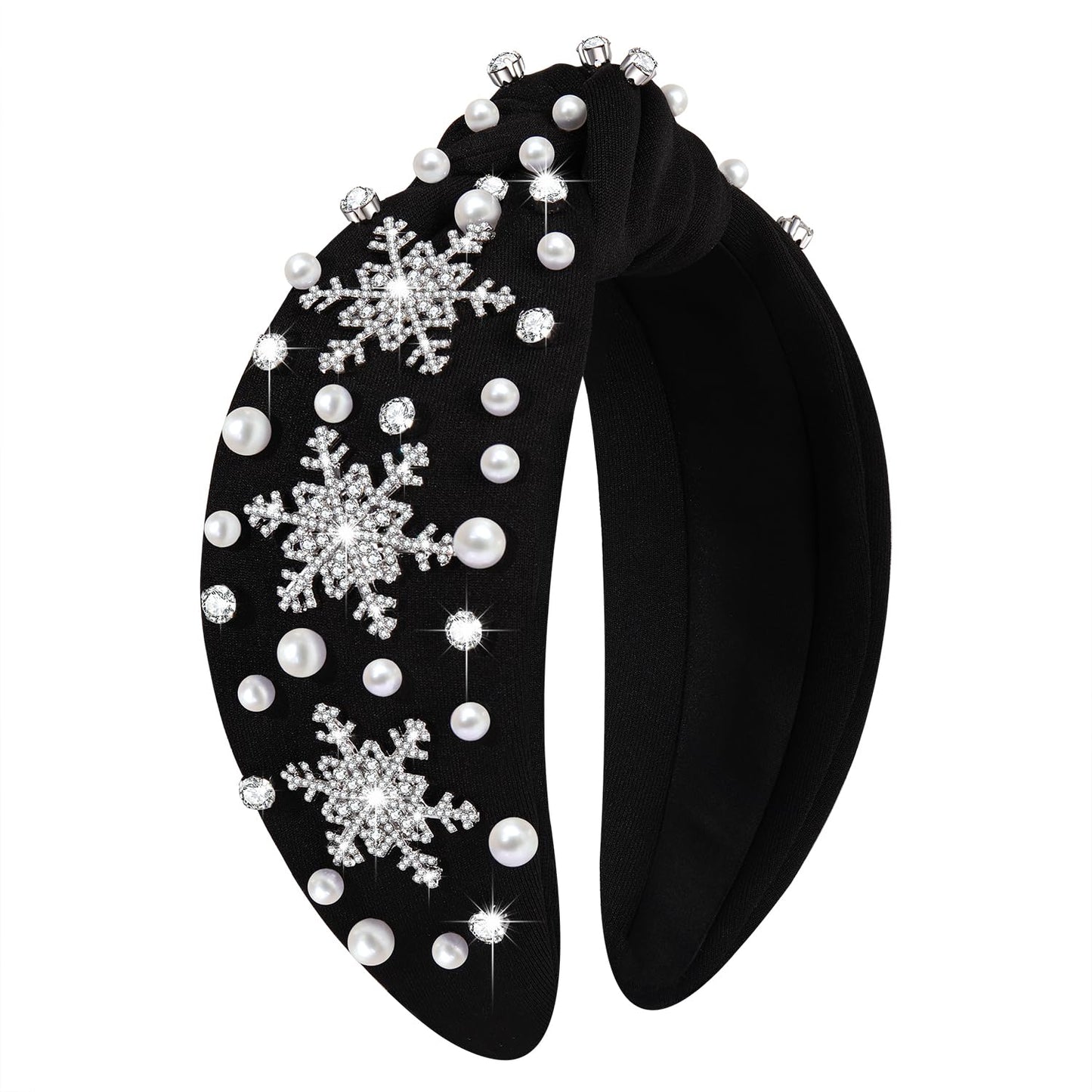 NVENF Jeweled Plaid Headband with Embellished Crystals and Pearls - Knotted Wide Top Knot Hair Accessory for Women, Holiday Outfits & Gifts
