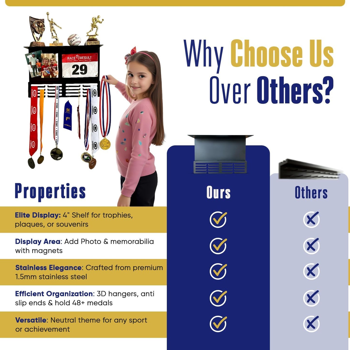 Medal Hanger Display with Trophy Shelf | 16.5" Premium Medal Holder for Wall | Metal Display Hanger | Magnetic Photo and Memorabilia Medals Display Area | Kids Medal Display for 48+ | Perfect for Gift