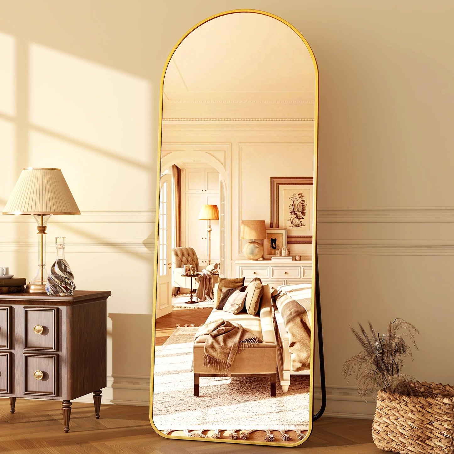 HARRITPURE 64"x21" Arched Full Length Mirror Free Standing Leaning Mirror Hanging Mounted Mirror Aluminum Frame Modern Simple Home Decor for Living Room Bedroom Cloakroom, Gold