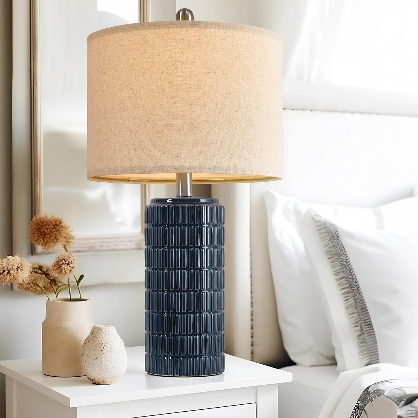 PoKat 23" Modern Ceramic Table Lamp Set of 2 for Living Room White Desk Lamps for Bedroom Farmhouse Bedside Nightstand Bedside Lamp End Table Lamps Beige