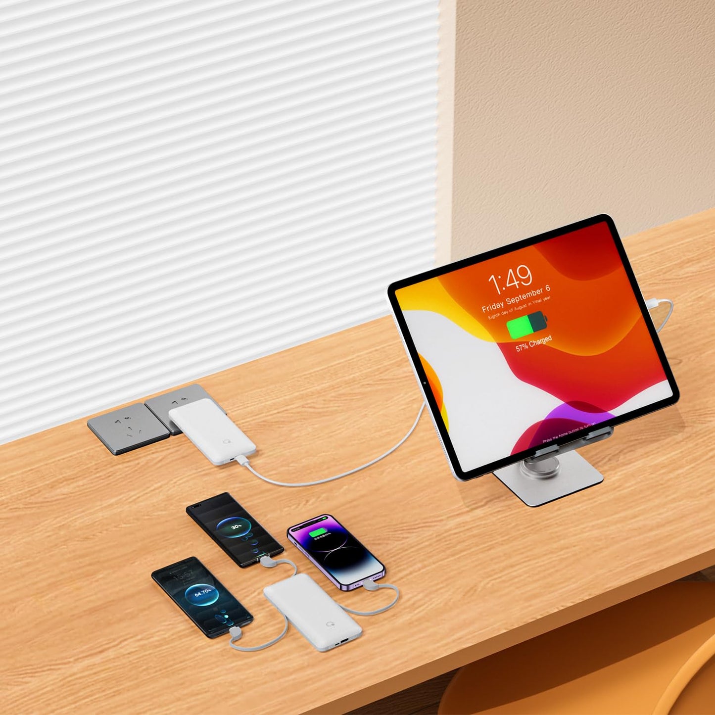 Q 10000mAh Power Bank, Slim Portable Charger,4 Output External Battery Pack with Built-in AC Wall Plug Micro USB C Three Cables Compatible with iPhone Android Phone Smart Watch
