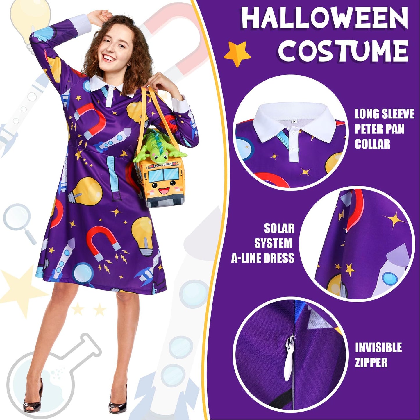 ramede 3 Pcs Women Halloween Teacher Costume Set Vintage Long Sleeve Dress with School Bus Bag for Halloween Role Play Party